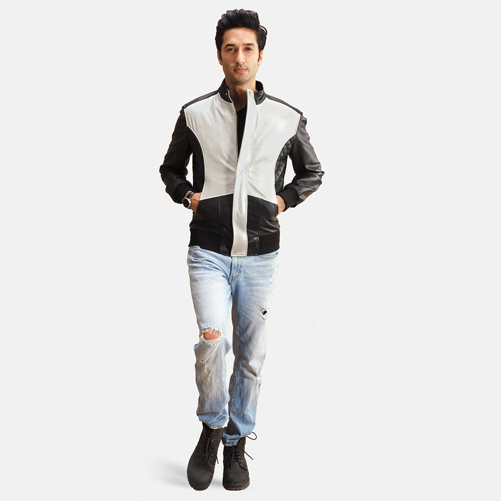 Close-Up Detail of Band with snap button &amp; Zipper with button flap Hardware on Spade Silver Black Leather Bomber Jacket