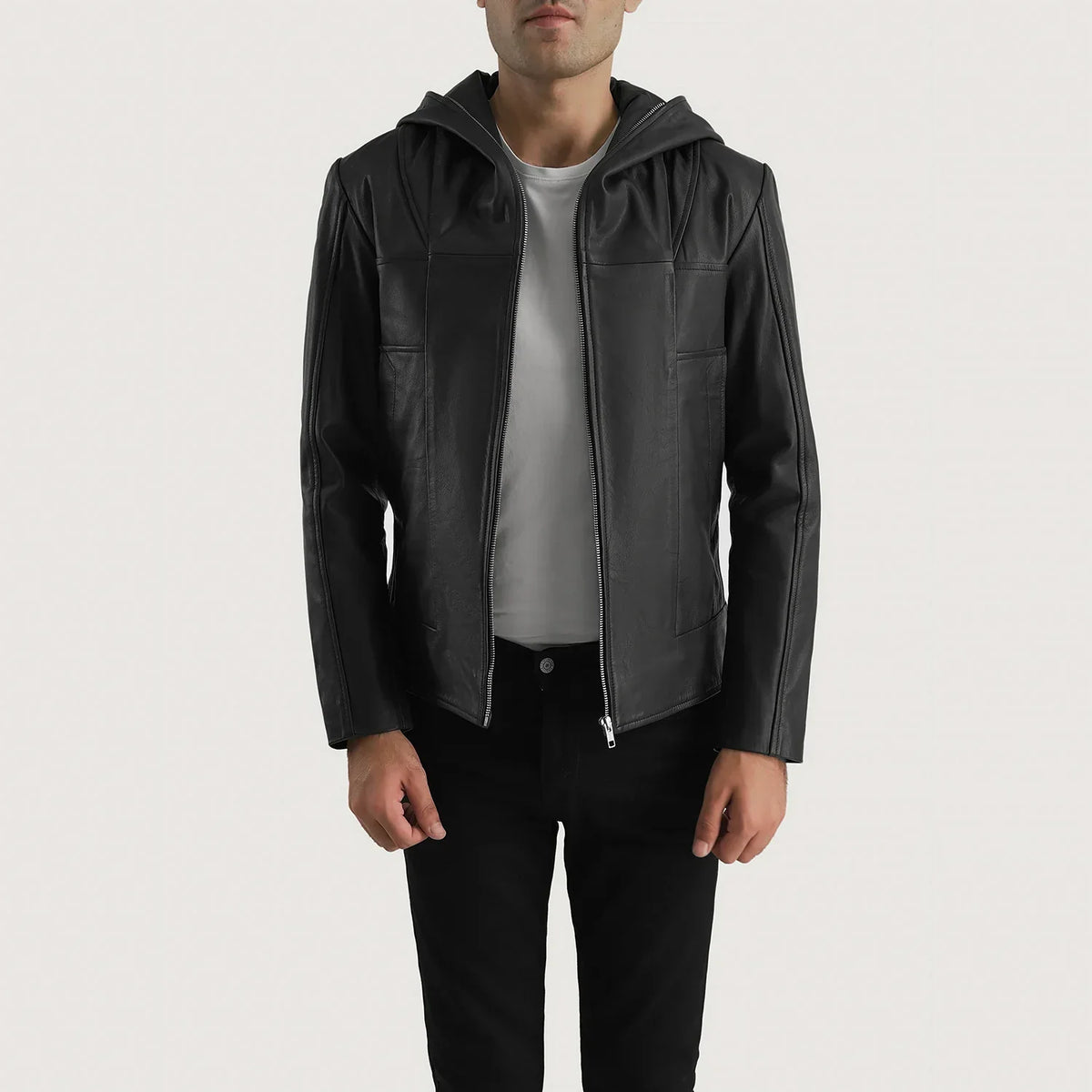 Men's Spratt Sort Hooded Læderjakke til Mænd in Black Goatskin Leather - Front Profile View &amp; Tailored Silhouette | Buy Online