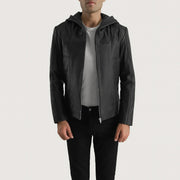 Men's Spratt Sort Hooded Læderjakke til Mænd in Black Goatskin Leather - Front Profile View &amp; Tailored Silhouette | Buy Online