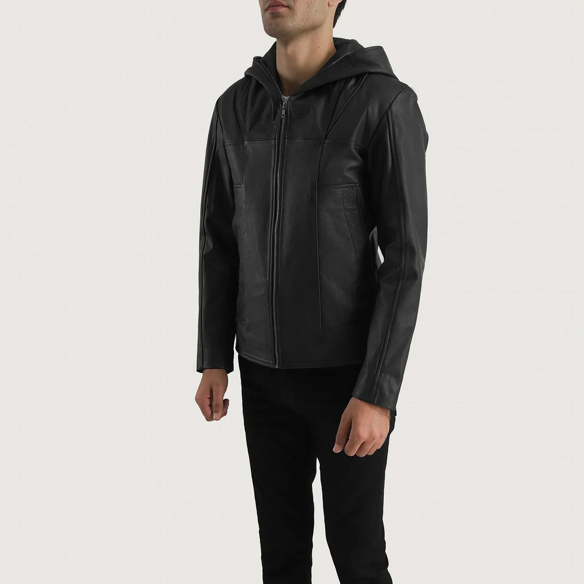 Men's Spratt Sort Hooded Læderjakke til Mænd - Lateral Side Profile View Showing Sleeve Cut &amp; Athletic Taper Fit
