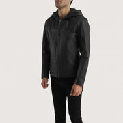 Men's Spratt Sort Hooded Læderjakke til Mænd - Lateral Side Profile View Showing Sleeve Cut &amp; Athletic Taper Fit