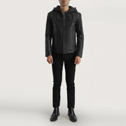 Close-Up Detail of Hooded &amp; Zipper Hardware on Men's Spratt Sort Hooded Læderjakke til Mænd
