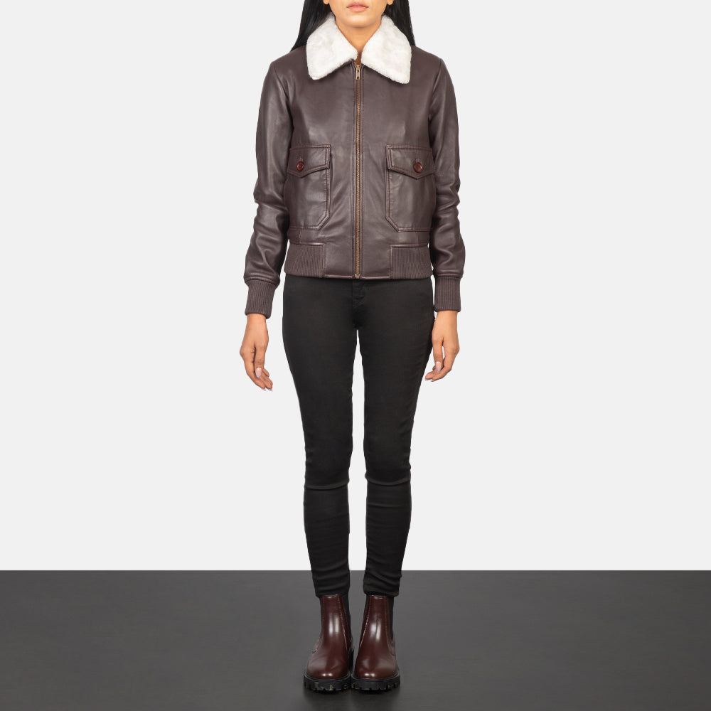 Women's Stella G-1 Maroon Leather Bomber Jacket - Lateral Side Profile View Showing Sleeve Cut &amp; Athletic Taper Fit
