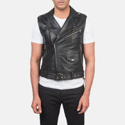
Nærbillede of Notch & Zipper Hardware on Sullivan Sort Leather Biker Vest til Mænd