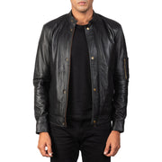 Men's Tea House Sort Læder Bikerjakke til Mænd in Black Sheepskin Leather - Front Profile View &amp; Tailored Silhouette | Buy Online