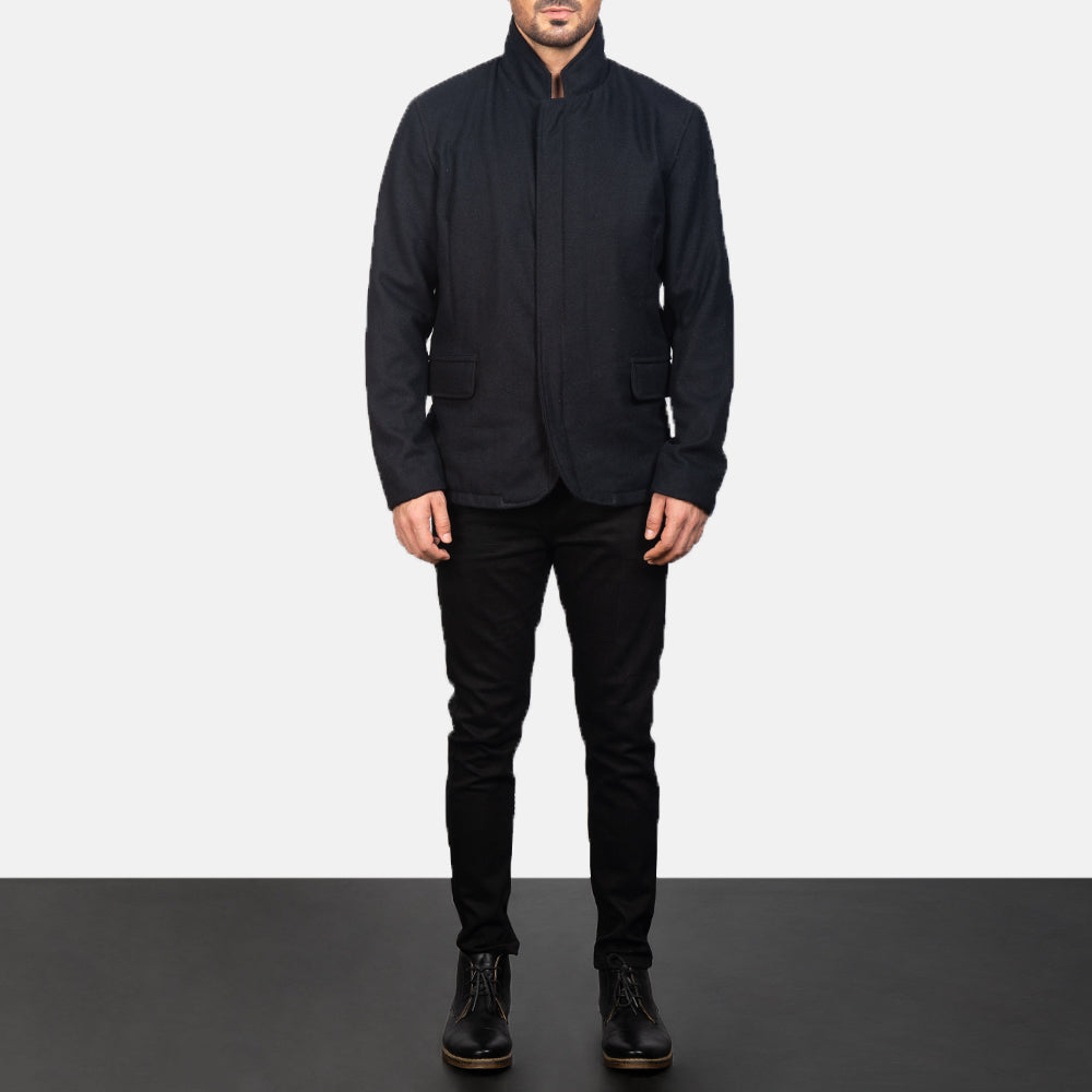 Men's Thomas Sort Wool Læderjakke til Mænd - Lateral Side Profile View Showing Sleeve Cut &amp; Athletic Taper Fit