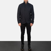 Men's Thomas Sort Wool Læderjakke til Mænd - Lateral Side Profile View Showing Sleeve Cut &amp; Athletic Taper Fit