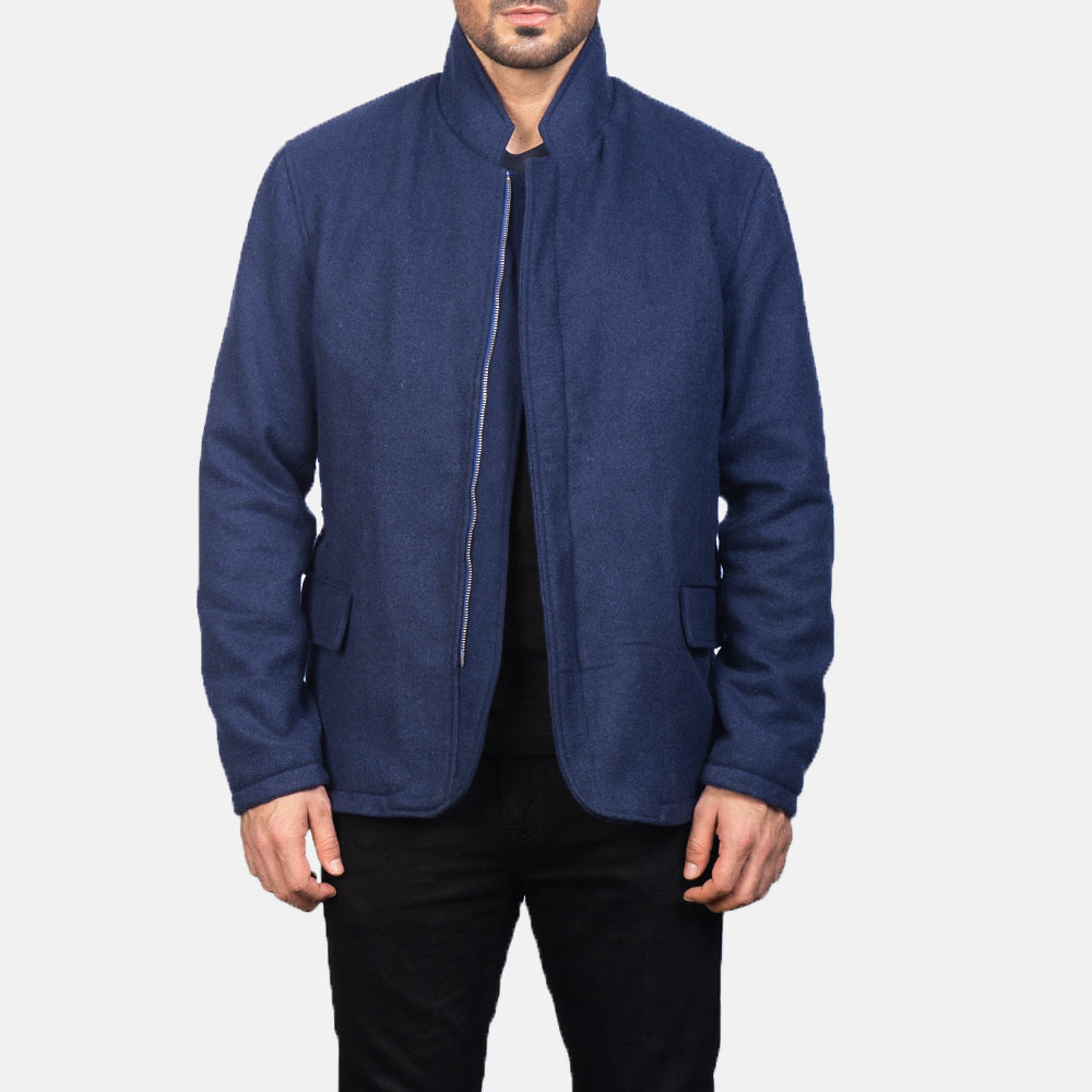 Men's Thomas Blue Wool Læderjakke til Mænd in Navy Blue Synthetic Wool - Front Profile View &amp; Tailored Silhouette | Buy Online