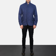 Men's Thomas Blue Wool Læderjakke til Mænd - Lateral Side Profile View Showing Sleeve Cut &amp; Athletic Taper Fit