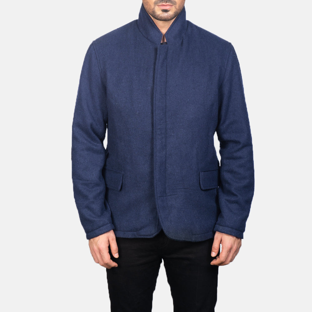 Close-Up Detail of Nehru &amp; Zipper with Dual Puller Hardware on Men's Thomas Blue Wool Læderjakke til Mænd