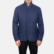 Close-Up Detail of Nehru &amp; Zipper with Dual Puller Hardware on Men's Thomas Blue Wool Læderjakke til Mænd