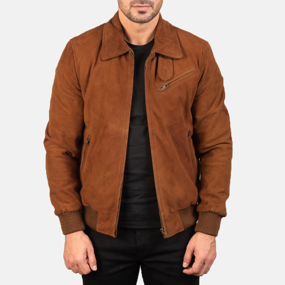 Men's Tomchi Lys brun Suede Læderjakke til Mænd in Brown Goatskin Suede - Front Profile View &amp; Tailored Silhouette | Buy Online