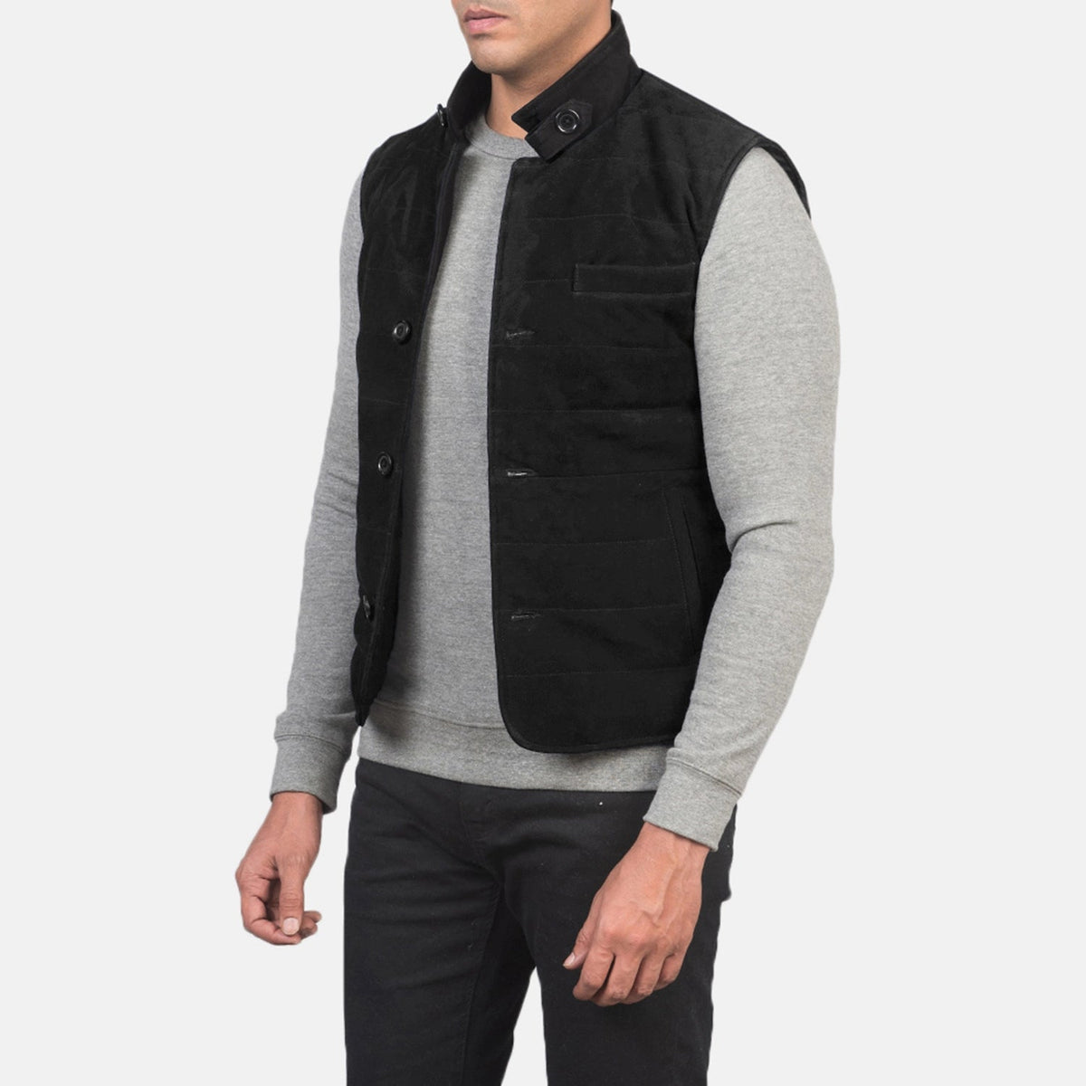 
Black Goatskin Suede Leather Vest - Bagfra med tilpassede skuldre og ren kant