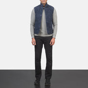 Men's Tony Blue Suede Vest til Mænd - Lateral Side Profile View Showing Sleeve Cut &amp; Athletic Taper Fit