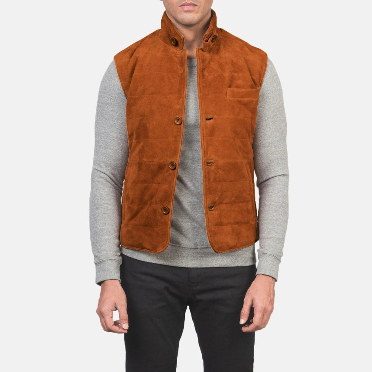 Men's Tony Brun Suede Vest til Mænd in Brown Goatskin Suede - Front Profile View &amp; Tailored Silhouette | Buy Online