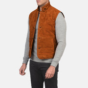 Brown Goatskin Suede Leather Vest - Back View Showing Tailored Shoulder Fit &amp; Clean Hemline