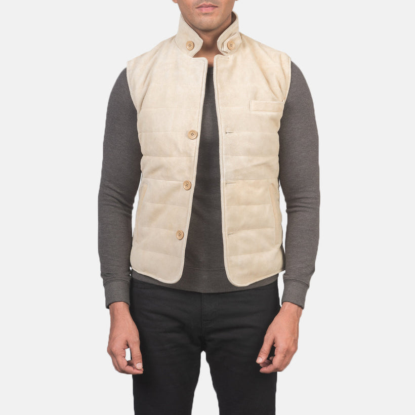 Men's Tony Off-White Suede Vest in Off-White Goatskin Suede - Front Profile View & Tailored Silhouette | Buy Online