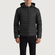 Close-Up Detail of Classic Collar &amp; Zipper Hardware on Tyler Sort Hooded Puffer Læderjakke til Mænd