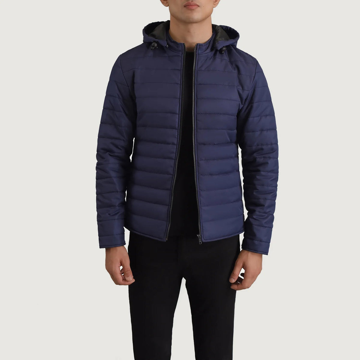 Tyler Blue Hooded Puffer Læderjakke til Mænd in Blue Full-Grain Leather - Front Profile View &amp; Tailored Silhouette | Buy Online