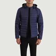 Tyler Blue Hooded Puffer Læderjakke til Mænd in Blue Full-Grain Leather - Front Profile View &amp; Tailored Silhouette | Buy Online