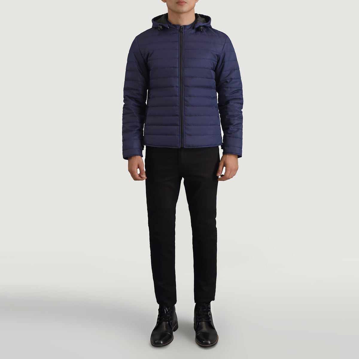 Tyler Blue Hooded Puffer Læderjakke til Mænd - Lateral Side Profile View Showing Sleeve Cut &amp; Athletic Taper Fit