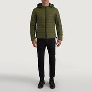 Tyler Green Hooded Puffer Læderjakke til Mænd - Lateral Side Profile View Showing Sleeve Cut &amp; Athletic Taper Fit