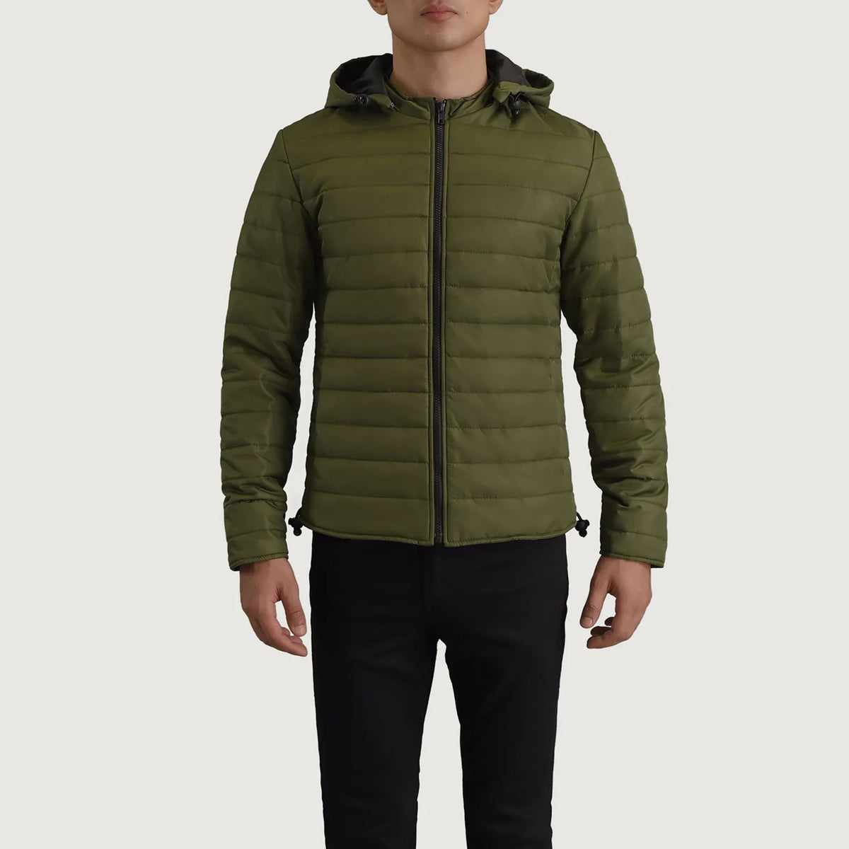 Close-Up Detail of Classic Collar &amp; Zipper Hardware on Tyler Green Hooded Puffer Læderjakke til Mænd