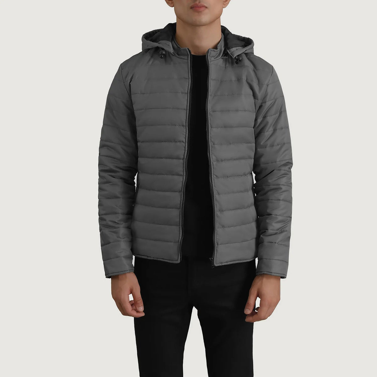 Tyler Grey Hooded Puffer Læderjakke til Mænd in Grey Full-Grain Leather - Front Profile View &amp; Tailored Silhouette | Buy Online