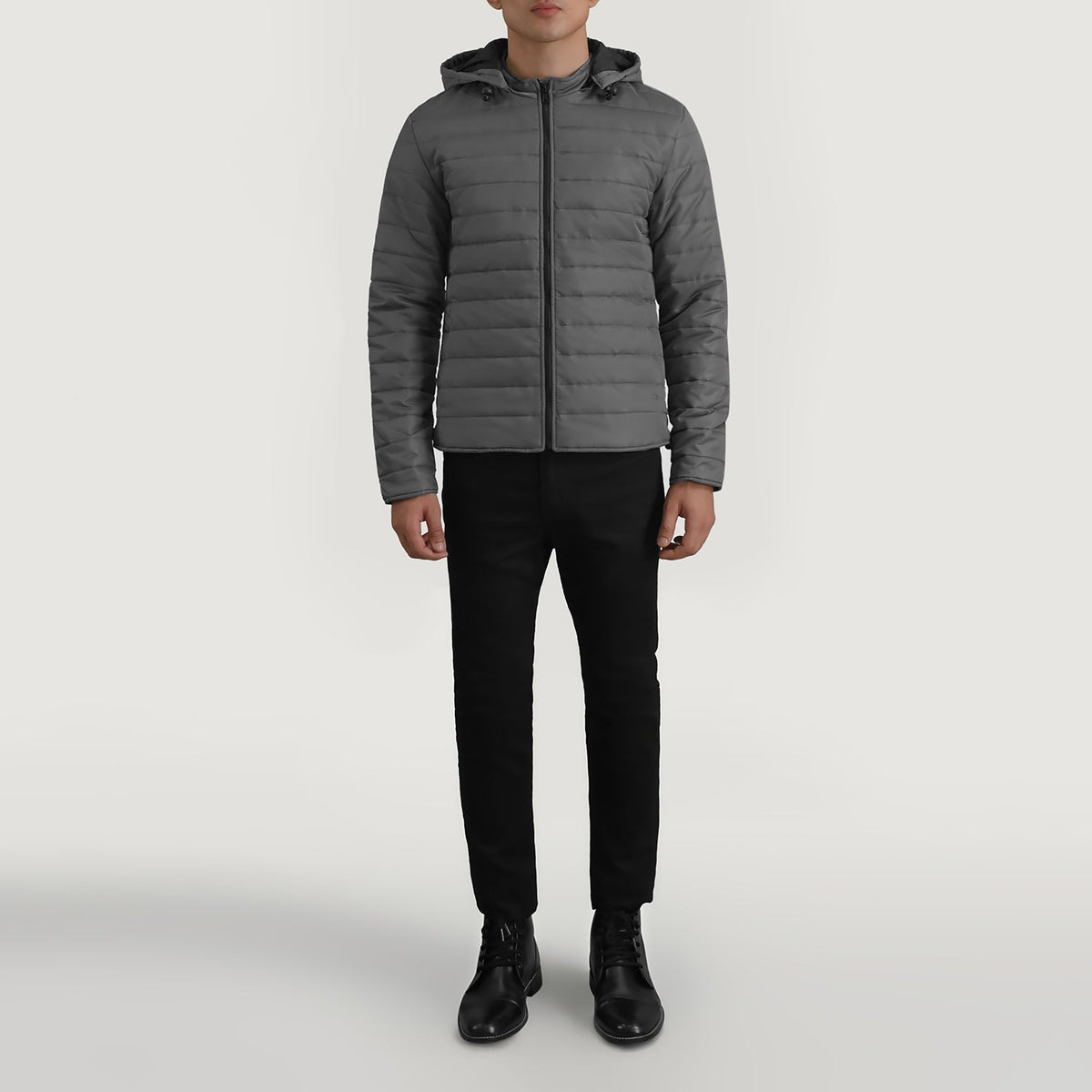 Tyler Grey Hooded Puffer Læderjakke til Mænd - Lateral Side Profile View Showing Sleeve Cut &amp; Athletic Taper Fit