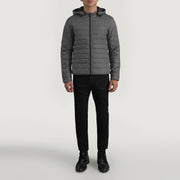 Tyler Grey Hooded Puffer Læderjakke til Mænd - Lateral Side Profile View Showing Sleeve Cut &amp; Athletic Taper Fit