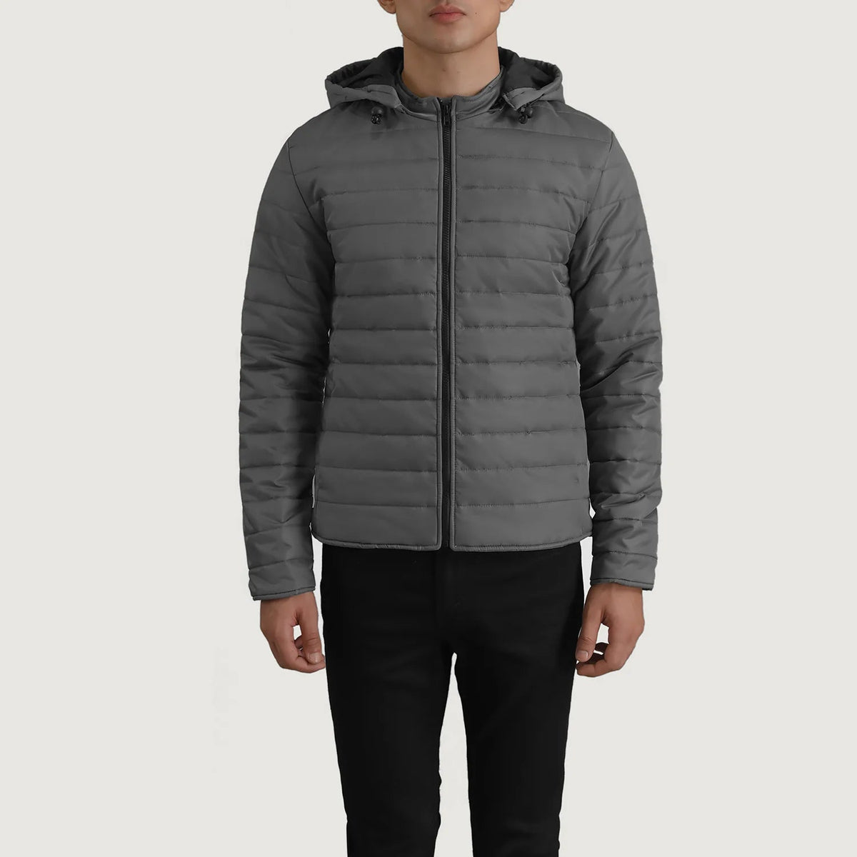 Close-Up Detail of Classic Collar &amp; Zipper Hardware on Tyler Grey Hooded Puffer Læderjakke til Mænd