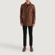 Urban Slate Brun Leather Coat til Mænd - Lateral Side Profile View Showing Sleeve Cut &amp; Athletic Taper Fit