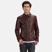 Urbane Quilted Maroon Læder Bikerjakke til Mænd in Maroon Sheepskin Leather - Front Profile View &amp; Tailored Silhouette | Buy Online