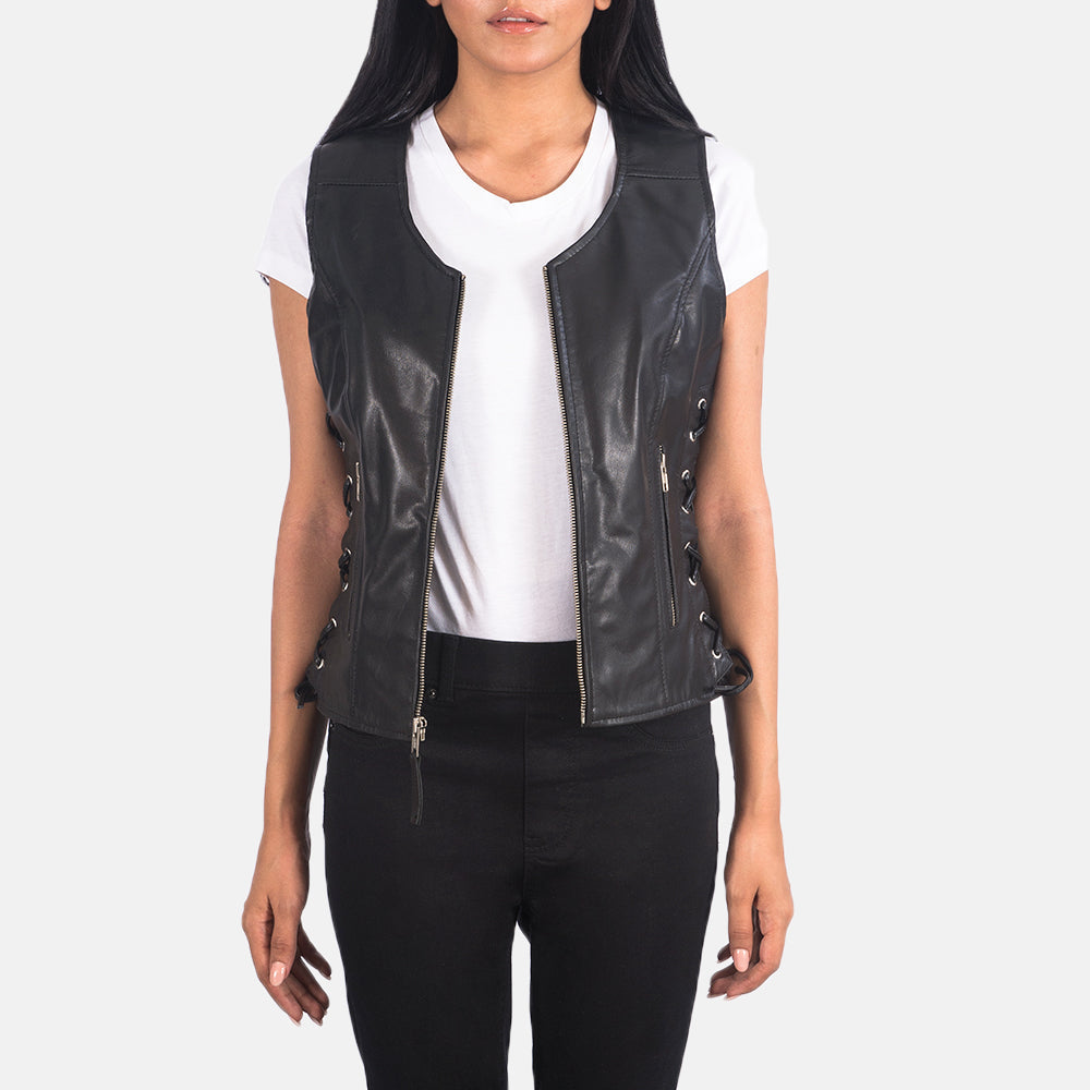 Women's Vanda Sort Leather Biker Vest til Kvinder in Black Goatskin Leather - Front Profile View &amp; Tailored Silhouette | Buy Online