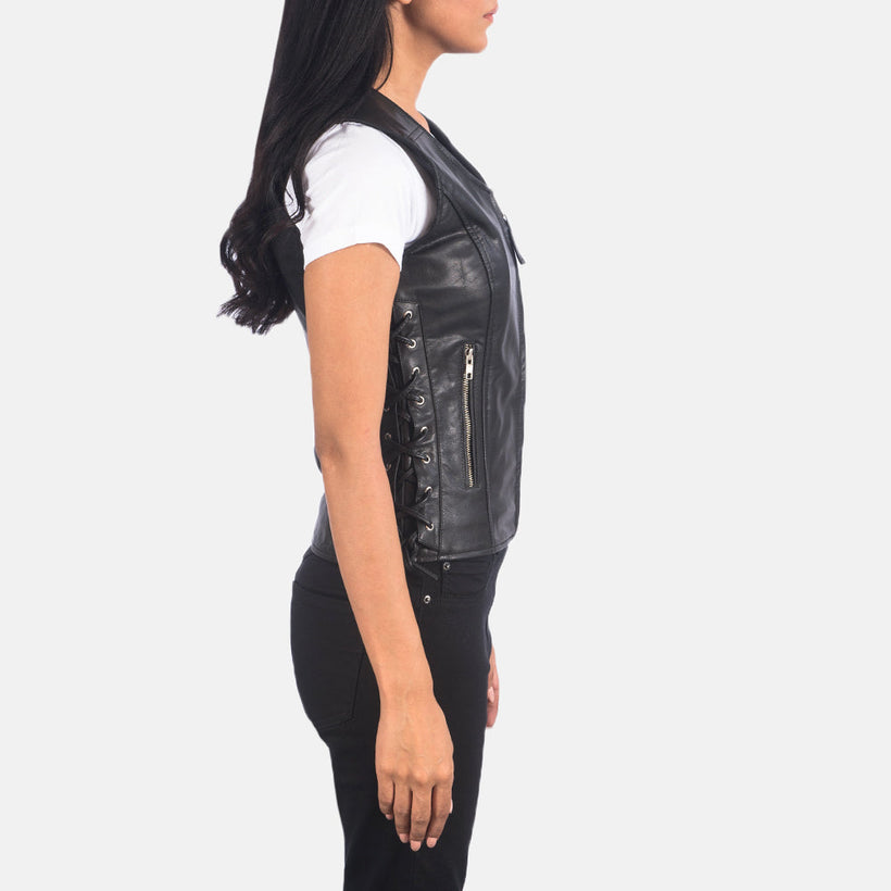 Vanda Sort Leather Biker Vest til Kvinder