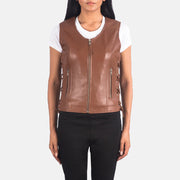 Women's Vanda Brun Leather Biker Vest til Kvinder in Brown Sheepskin Leather - Front Profile View &amp; Tailored Silhouette | Buy Online