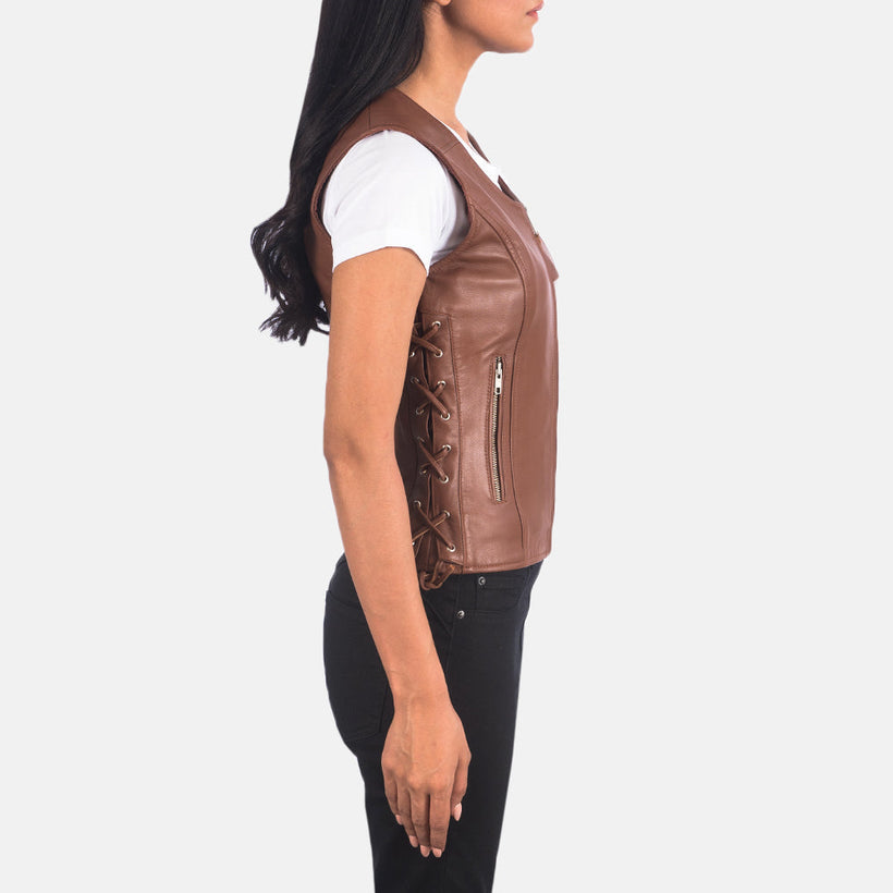 Vanda Brun Leather Biker Vest til Kvinder