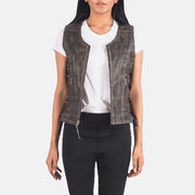 
Vanda Distressed Brun Leather Biker Vest til Damer in Distressed Brown Goatskin Leather - Forfra med skræddersyet silhuet | Køb online