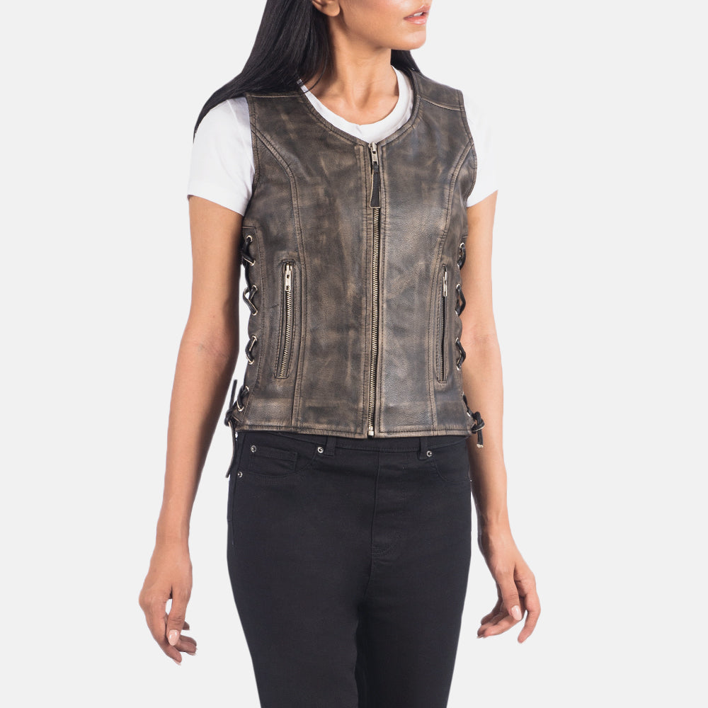 
Distressed Brown Goatskin Leather Biker Jacket - Bagfra med tilpassede skuldre og ren kant