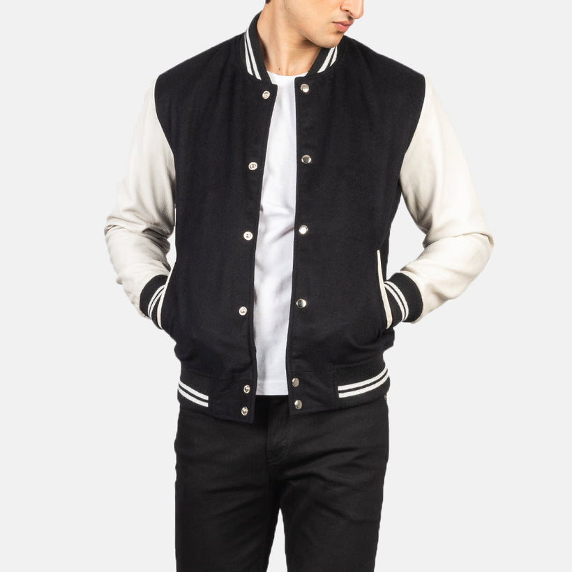 Vaxton Sort & White Hybrid Varsity Læderjakke til Mænd