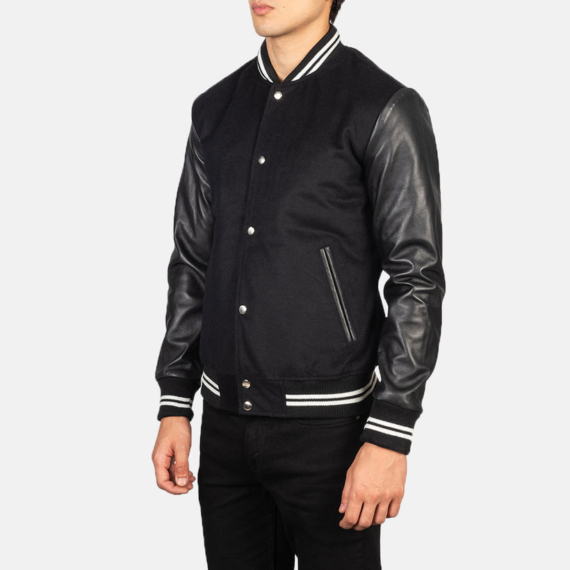 Vaxton Sort Striped Hybrid Varsity Læderjakke til Mænd