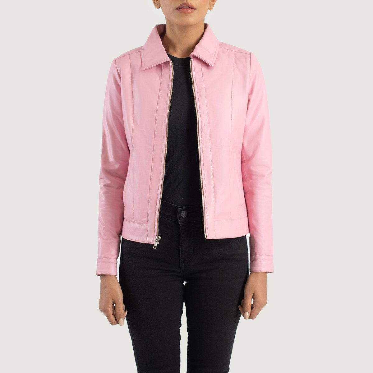 Women's Vixen Pink Classic Collar Leather Jacket in Pink Sheepskin Leather - Front Profile View &amp; Tailored Silhouette | Buy Online