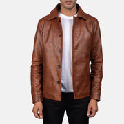 Waffle Brun Læderjakke til Mænd in Distressed Brown Sheepskin Burnishing - Front Profile View &amp; Tailored Silhouette | Buy Online