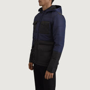 
Black + Blue Full-Grain Leather Hooded Jacket - Bagfra med tilpassede skuldre og ren kant