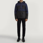 
Wayne Sort & Blå Hooded Puffer Læderjakke til Mænd - Sideprofil med ergonomisk ærmesnit