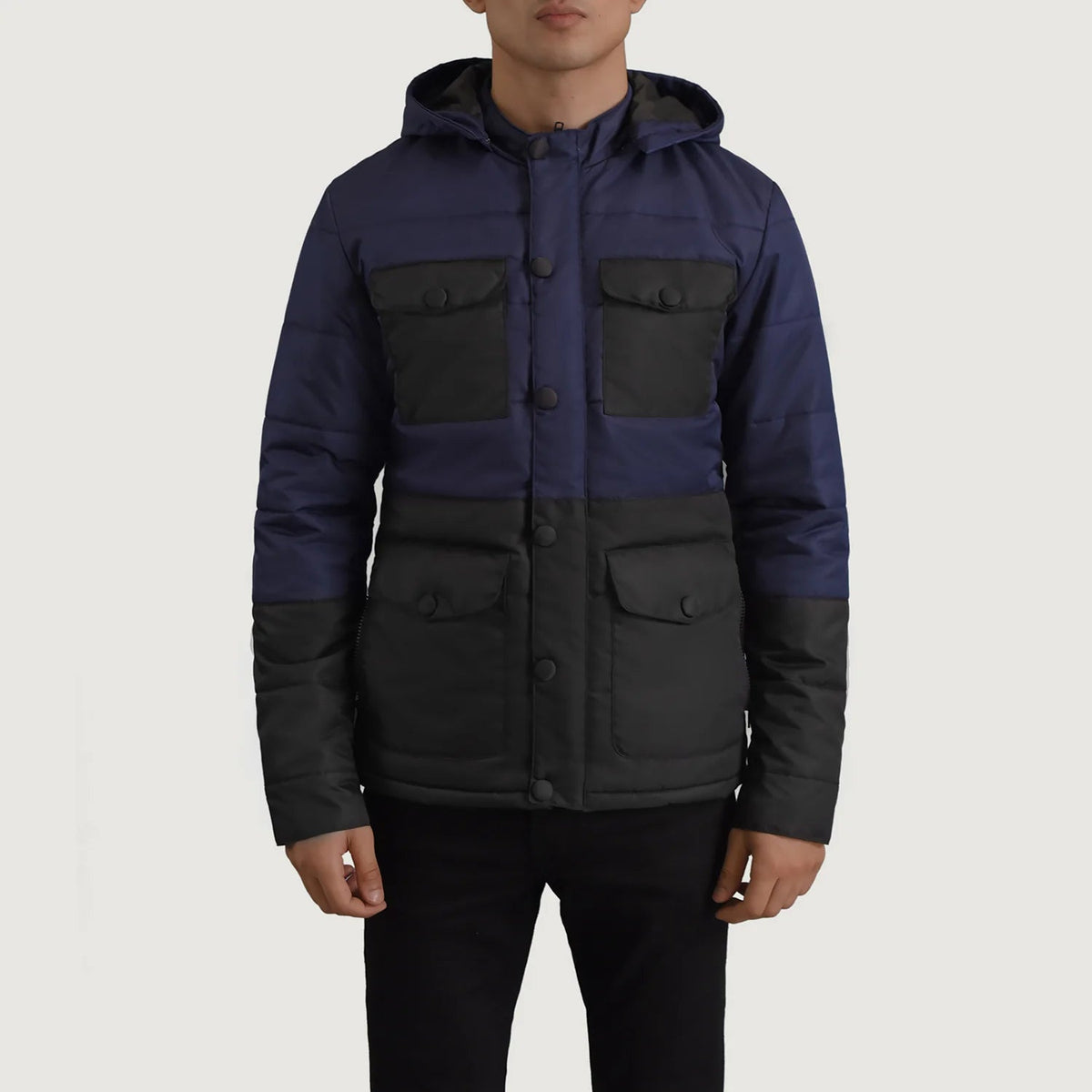 
Nærbillede of Classic Collar & Heavy-Duty Zipper Hardware on Wayne Sort & Blå Hooded Puffer Læderjakke til Mænd