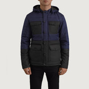 
Nærbillede of Classic Collar & Heavy-Duty Zipper Hardware on Wayne Sort & Blå Hooded Puffer Læderjakke til Mænd