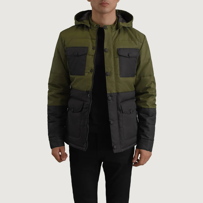 Wayne Sort & Grøn Hooded Puffer Læderjakke til Mænd