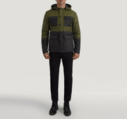 
Wayne Sort & Grøn Hooded Puffer Læderjakke til Mænd - Sideprofil med ergonomisk ærmesnit