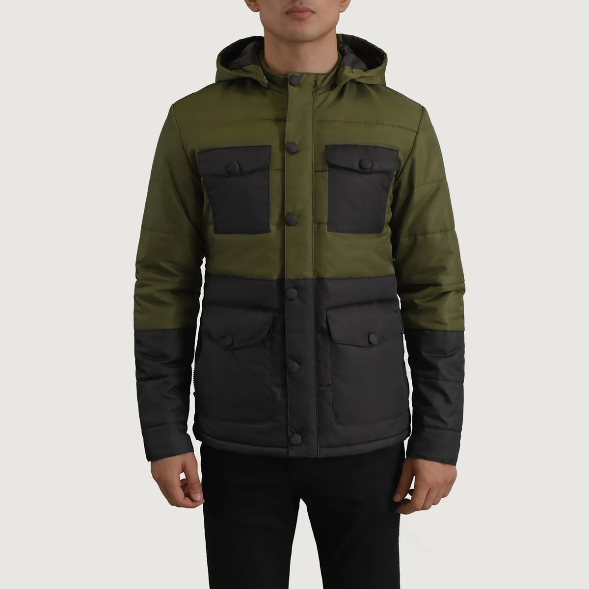 
Nærbillede of Classic Collar & Heavy-Duty Zipper Hardware on Wayne Sort & Grøn Hooded Puffer Læderjakke til Mænd